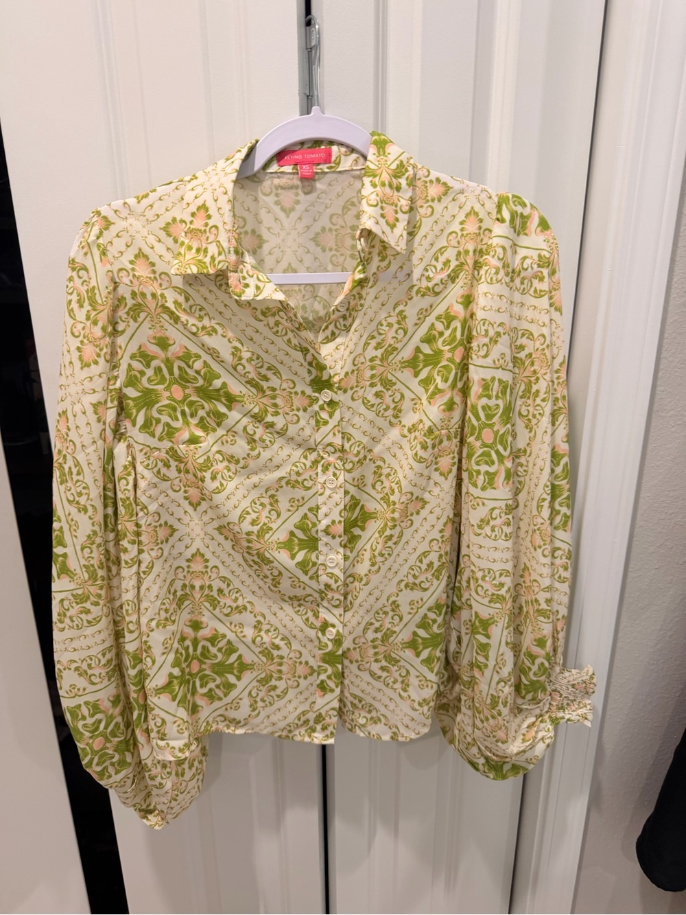Flying Tomato Cream and Green Button-Front Blouse